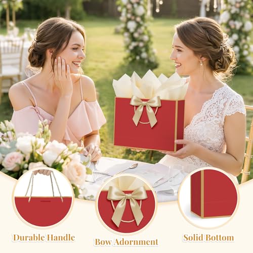 ANZNKU 2PCS Red Gift Bags for Women, Medium Gift Bags with Handles 4 Tissue Paper 2 Ribbons 2 Cards for Birthday Wedding Graduation Bridal & Baby Shower Engagement Presents Party Favors Wrapping - color: Crimson Red