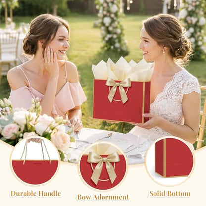 ANZNKU 2PCS Red Gift Bags for Women, Medium Gift Bags with Handles 4 Tissue Paper 2 Ribbons 2 Cards for Birthday Wedding Graduation Bridal & Baby Shower Engagement Presents Party Favors Wrapping - color: Crimson Red