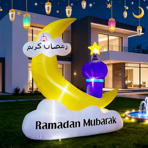 6FT Inflatable Ramadan Moon Muslim Decoration, Waterproof Outdoor Inflatable Eid Mubarak Yard Decor with LED Lights, Islamic Eid Ramadan Mubarak Blow Up Decor for Fasting Introspection Prayer - style: Purple
