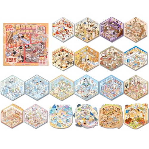 Girls 3D Miniature Scene Stickers, 20 Sets DIY House Stickers, DIY Sticker Scene, Cute 3D Cartoon Sticker Scenes for Adult Kids Relief Stress Pass The Time - style: Multiple Scene