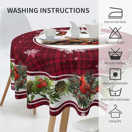 Christmas Bird Gnome Tablecloth Red Plaid Round Table Cover Washable Table Cloth for Home Kitchen Party Picnic 60 Inch - color: Christmas Bird Gnome