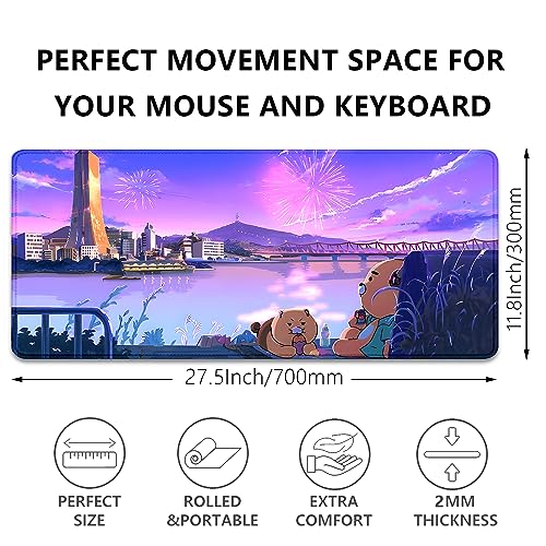 Cartoon Bear Large Desk Mat, Fireworks Theme - Gaming Mouse Pad for Computer, Office, Home (27.5x11.8 in) - color: Fireworks and Bears