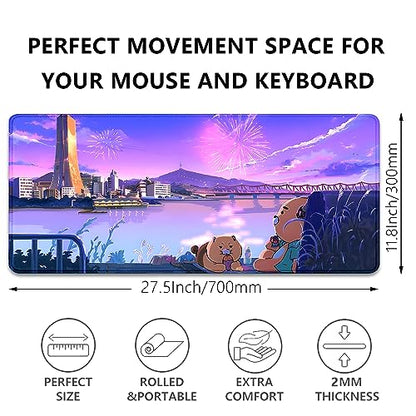 Cartoon Bear Large Desk Mat, Fireworks Theme - Gaming Mouse Pad for Computer, Office, Home (27.5x11.8 in) - color: Fireworks and Bears