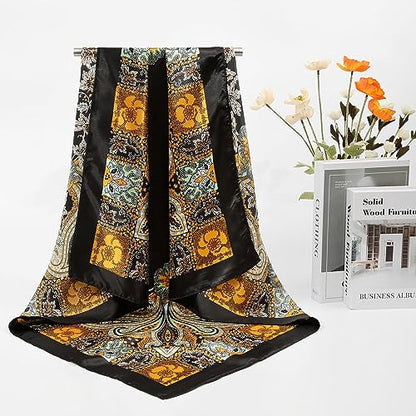 AWAYTR 35” Large Satin Square Head Scarf - 2Pcs Silk Like Floral Head Scarves Square Satin Hair Scarf Bandanas for Women - color: Cashew(pink+black)