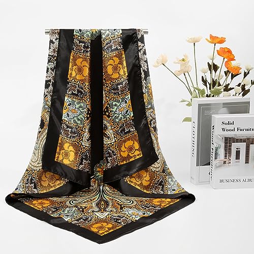 AWAYTR 35” Large Satin Square Head Scarf - 2Pcs Silk Like Floral Head Scarves Square Satin Hair Scarf Bandanas for Women - color: Cashew(yellow+green)