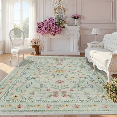 Green Washable Floral Rugs 7x9 Large Vintage Boho Non-Slip Living Room Carpet Soft Low Pile Thin Bedroom Floor Mat Indoor Home Decor for Dining Room Playroom Nursery Farmh - color: Green, size: 7' x 9' (Rectangular)