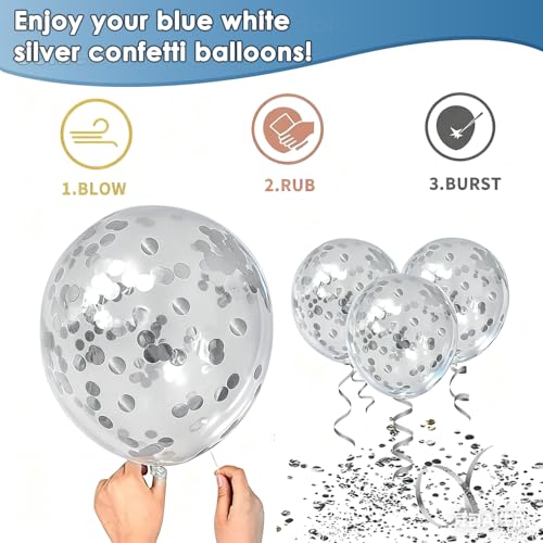 블루 화이트 실버 색종이 조각 풍선 - 50피스 30.5cm(12인치) 메탈릭 블루 실버 및 투명 화이트 색종이 라텍스 풍선 졸업 아버지의 날 생일 결혼 기념일 브라이덜 샤워 파티 장식 - color: 블루 화이트 실버
