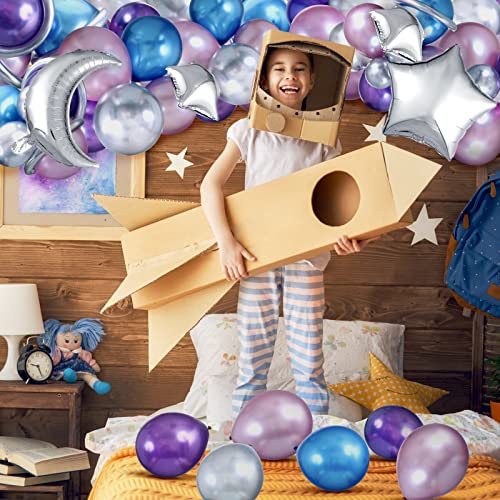 137 Pcs Space Balloon Garland Arch Kit Galaxy Party Decorations Blue Purple Silver Star and Moon Balloons for Outer Space Themed Birthday Party Decoration Supplies