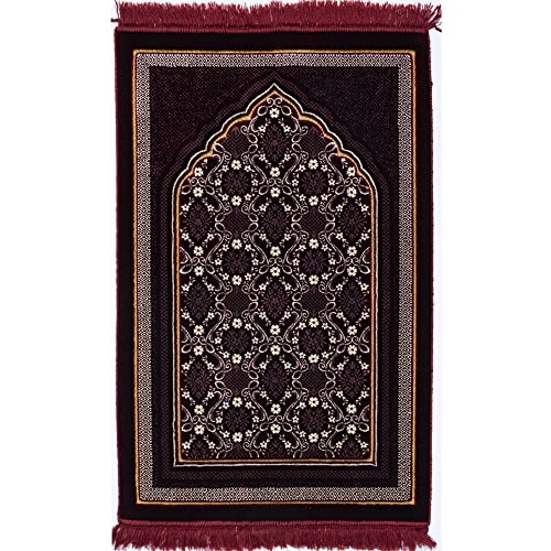 Modefa Turkish Islamic Prayer Rug - Soft Velvet Janamaz Praying Carpet - Comfortable Muslim Praying Mat for Men & Women - Ramadan or Eid Gift - Classic Elegant Swirl (Floral Red)