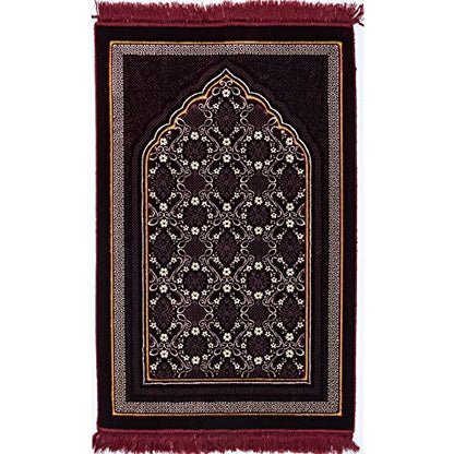 Modefa Turkish Islamic Prayer Rug - Soft Velvet Janamaz Praying Carpet - Comfortable Muslim Praying Mat for Men & Women - Ramadan or Eid Gift - Classic Elegant Swirl (Floral Red)