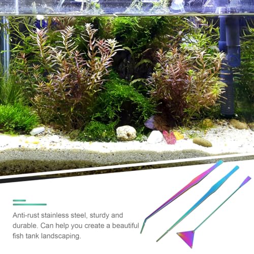 COLLBATH 3Pcs Plated Stainless Steel Tools Set Straight Tweezers Curved Tweezers Flat Spatula for Aquatic Plant Care and Fish Tank Decoration