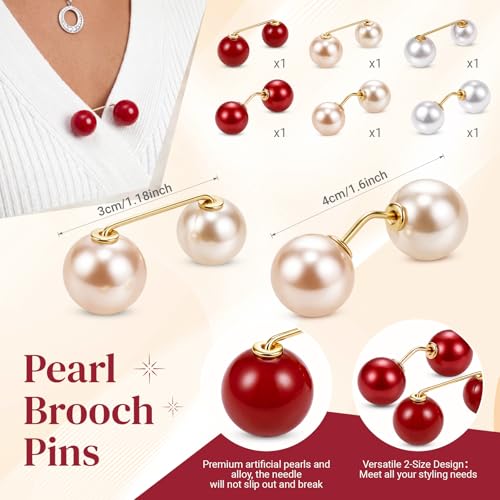WILLBOND 6 Pcs Artificial Pearl Brooch Pins Sweater Shawl Safety Clips Dress Clips for Women - color: Gold, Red, White