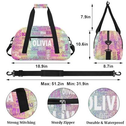 Custom Name Kids Overnight Duffel Bags Girls Cheerleaders Bag, Personalized Sport Gym Bag Travel Weekender Bags Colorful Rainbow Glitter - color: Color3