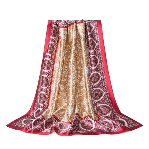 Silk-Feel 35x35 Satin Hair Scarf | Multi-Way Head Wrap for Sleep, Style & Hijab | Gift-Ready Fashion Scarf for Women - color: Red-totem