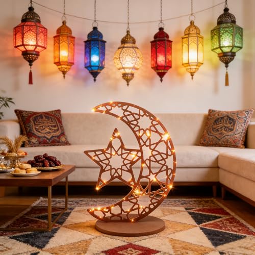 Eforcase Ramadan Decorations Large Wood Table Decor, 16" Light up Eid Mubarak Table Sign Wooden Hollow Moon Star Ornament for Muslim Islamic Party Centerpiece Decor Eid Al-Adha Light Decorations - color: Star Moon -16 Inch, size: 16 inch