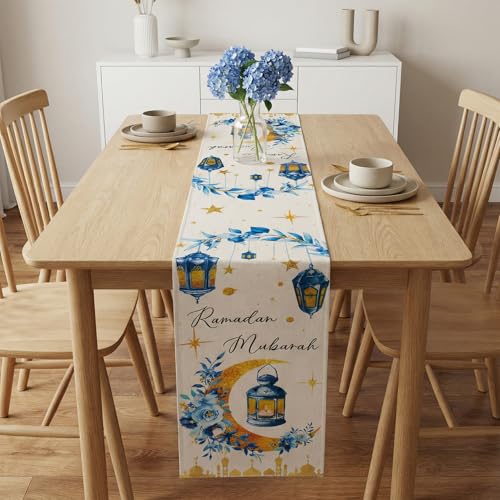 cnomg Eid Mubarak Table Runner Table Decorations 2 Pack Blue and Gold Holiday Kitchen Dining Table Runners with Moon Star and Lantern Flower for Home Party Decor 13 x 72 Inch