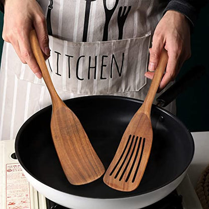 2 Pack Wooden Non Toxic Spatulas for Kitchen Utensils Set Acacia Wood Cooking Spatula Flat Wok Pancake Turner Bamboo Slotted Spoon for Cooking Utensil Spurtle Scraper Long Fish Egg Flipper Spatulas - color: 2Pcs-Natural