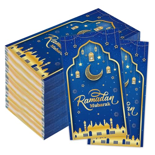 Eid Mubarak Napkins, 200 Pcs Eid Mubarak Ramadan Paper Napkins Disposable, 2-Ply Blue Gold Star Moon Absorbent Paper Hand Towels for Bathroom Home Kitchen Mardi Gras Party Decorations Supplies - color: Blue-Eid Mubarak, size: 200Pcs