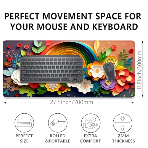 Rainbow Spring Flowers Desk Pad Mouse Pad,Floral Prints Extended Large Gaming Mouse Mat with Stitched Edges,Non-Slip Waterproof Rubber Base Mousepad for Office Work Home Desk Mat(27.5X11.8 in) - color: Rainbow Spring