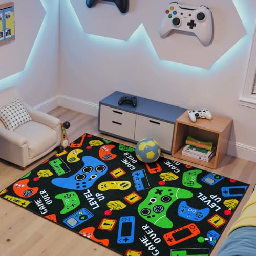 STARUIA Black Cool Video Gamer Rug for Boys Room, Small 3x5 Washable Kids Rug for Boy Bedroom, Soft Teens Games Console Carpet Kids Room Rugs for Game Room Playroom - color: Black, size: 3x5
