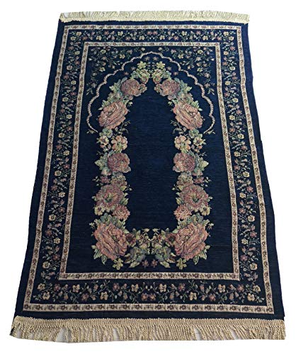 Islam Portable Sajadah Carpet Thin Prayer Mat Janamaz AMN-211 Floral Design Chenille Worship Blanket Travel Rug Namaz Area Muslim Gift (Dark Blue) - color: Dark Blue