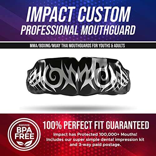 Impact Mouthguard Boxing, MMA, Muay Thai Sports Mouthguards for Youth Adults, Professional Custom-Fit, Tribal Silver on Black - color: Silver on Black
