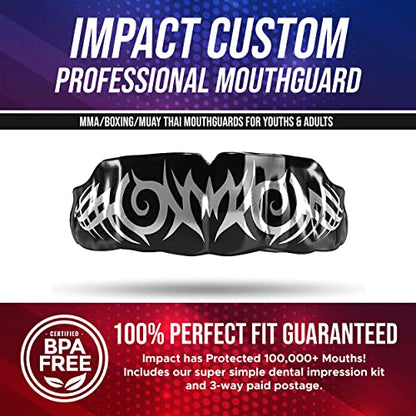 Impact Mouthguard Boxing, MMA, Muay Thai Sports Mouthguards for Youth Adults, Professional Custom-Fit, Tribal Silver on Black - color: Silver on Black