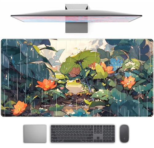 Anime Frog Mouse Pad Desk Mat Cure Frogs On Rainy Days Green Desk Decor Mat, Large Gaming Mouse Pad for Desk Computer Keyboard Laptop, Desk Decor Home Office Accessories for Girl with Stitched Eges - color: Colorful Anime Frog