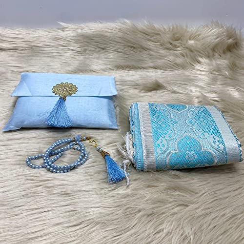 Muslim Prayer Rug and Beads with Elegant Slub Fabric Bag | Janamaz | Sajadah | Soft Islamic Prayer Rug | Islamic & Mawlid Gifts | Prayer Carpet Mat, Taffeta Fabric (Blue, 20 Sets) - color: Blue, size: 20 Sets