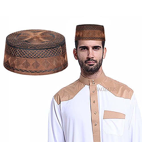 Mens Muslim Hat Islamic Prayer Cap, Muslim Eid Prayer Embroidered Kufi Fat Ramadan Mosque Arab Indian Prayer Cap - color: Dark Brown