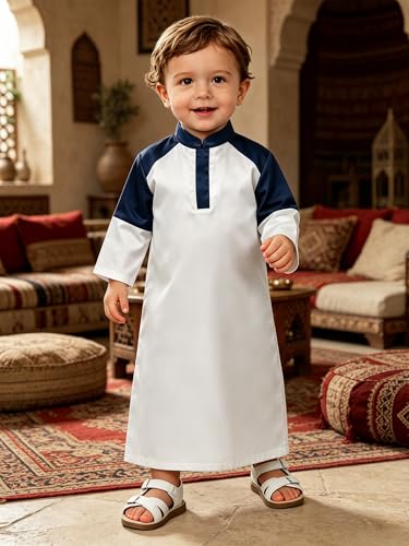 Lejafay Islamic Abaya for Boys Ramadan Eid Outfit Long Sleeve Stand Collar Dubai Thobe Kaftan Prayer Gowns - color: White, size: 3-4T
