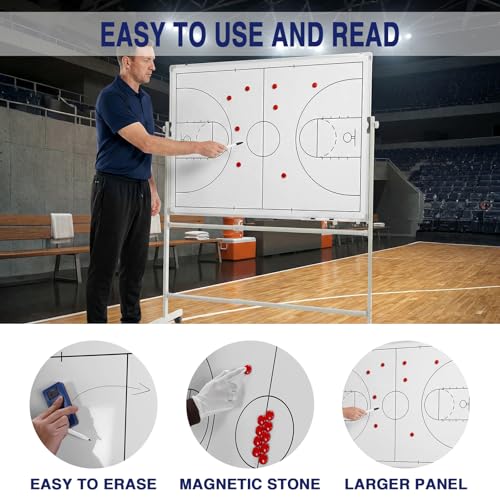 Generic Mobile Double-Sided Basketball Coaching Board Height Adjustable Whiteboard with Wheels Dry Erase Board with Magnets Pen & Eraser for Coaches - color: Basketball