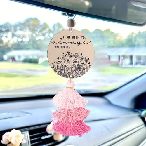 Christian Car Charm Gifts for Women Men, I am with You Always Rear View Mirror Hanger with Tassel Religious Car Hanging Ornament Accessories(Pink) - color: Pink