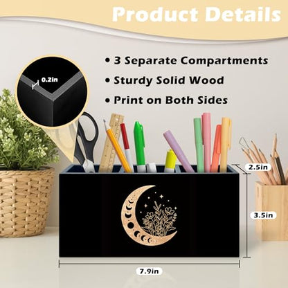 Witchy Floral Moon Pen Holder Organizer Desk Decor, Witchy Room Decor, Boho Black Gold Celestial Crescent Moon Phase Wooden Pen Pencil Holders for Home Office Desk Accessories