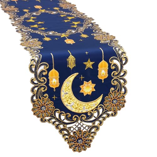 Simhomsen Embroidered Decorative Ramadan Kareem Eid Mubarak Table Runner, Navy Blue and Gold, Ramadan Lantern Design (14 x 69 inches) - size: 14 x 69 inches