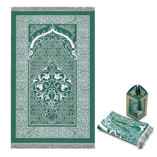 Muslim Prayer Rug with 99-Bead Tasbih, Soft Islamic Prayer Mat Sajadah for Daily Salah, Ramadan Eid Gifts for Men Women, Foldable Janamaz Prayer Rug - color: Dark Green