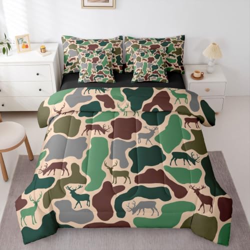 Erosebridal Camo King Comforter Set with Sheets 7 Piece Deer Hunting Bed in A Bag Army Green Military Camouflage Bedding Sets Rustic Country Wildlife Bed Set - color: Army Green Brown, size: King