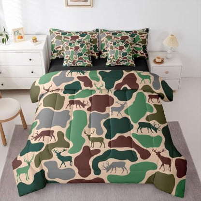 Erosebridal Camo King Comforter Set with Sheets 7 Piece Deer Hunting Bed in A Bag Army Green Military Camouflage Bedding Sets Rustic Country Wildlife Bed Set - color: Army Green Brown, size: King
