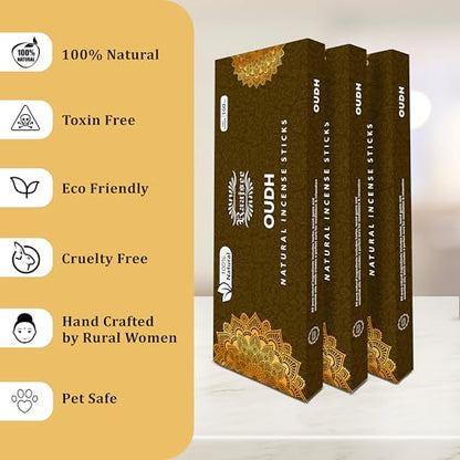 Pure Oud Agarwood Incense Sticks, 100%-Natural Charcoal Free Organic Non Toxic Clean Burning Handmade Insence Sticks 100 gm Pack, Raajsee Meditation Gifts – Spritual Cleansing - color: Oudh