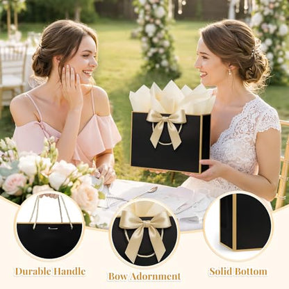 ANZNKU 2PCS Black Medium Gift Bags with Handles 4 Tissue Paper 2 Ribbons 2 Cards, Gift Wrap Bags Set for Women & Men Birthday Graduation Wedding Engagement Bridal & Baby Shower Presents Party Favors - color: Luxury Black