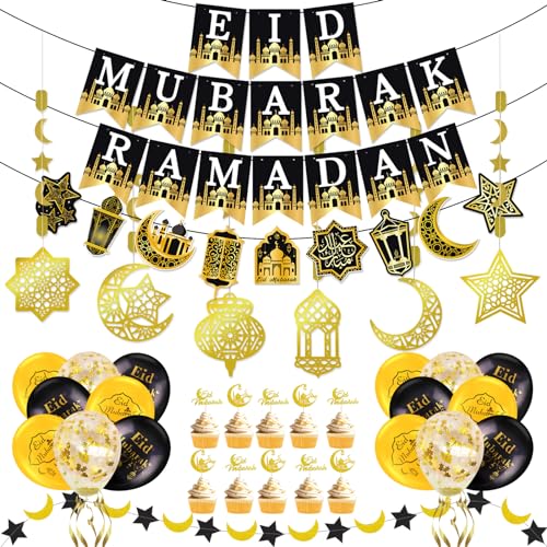 AhfuLife Eid Mubarak Decorations - Preassembled Eid Mubarak Banners, Ramadan Decorations for Home with 16 Pcs Balloons, 6 PCS Islamic Star Moon Lantern Garland Streamer, 10 Cupcake Toppers