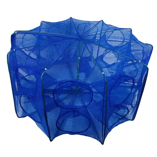 Foldable Bait Trap Fishing Net - Hand Cast Cage for Catching Fish Shrimp Crab Crawfish - color: Blue Thicken Mesh Material, size: 20 Entrances