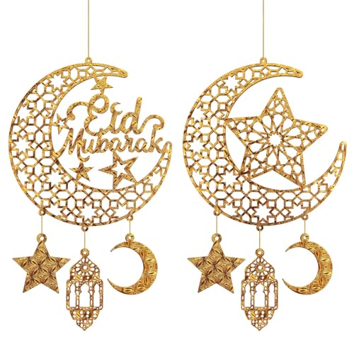 2Pack Ramadan Ornament Decorations Eid Mubarak Hanging Pendant Ornaments Iislamic Wall Decorations for Home Star and Moon Ornaments Ramadan Party Supplies - color: Star Moon