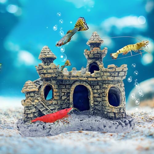 Small Aquarium Castle Decor , Mini Cute Fish Tank Castle Ornaments, Young Little Fish Fish Larvaes Shrimp Hide Caves Hideout for Small Medium Fish Tank Decor Crab Cichlid Betta Tank Decor (Brown)