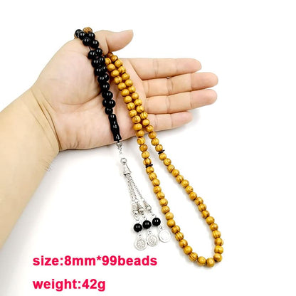 ALBASHAN Tasbih men Natural Beech Wood with Onyx 99/100 Beads misbaha Muslim Prayer Beads Ramadan Eid Gift - size: 8mm x 100 beads