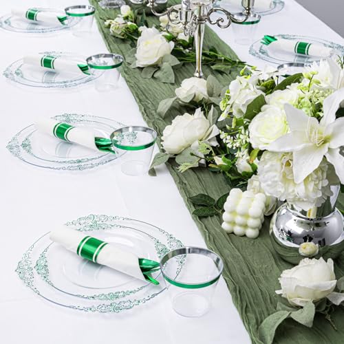 Hioasis 175pcs Clear and Green Plates - Green Party Plates for 25 Guest, Include 50 Heavy-duty Plates(20% Thicker Than Standard), 25 Pre Rolled Gold Plastic Silverware Set, 25 Cups - color: Clear and Green