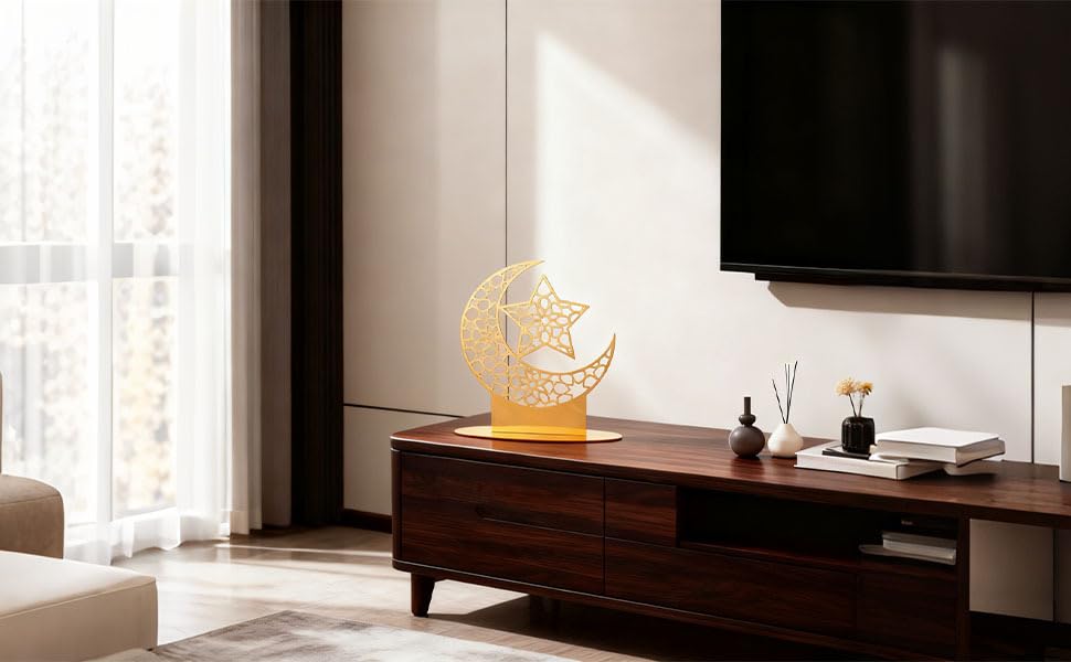 Gold Arabic Islamic Decor, Acrylic Star & Moon Table Centerpiece, Ramadan & Eid Decorative Signage, 9.1 X 7.9 in Mirror Ornament, Hollow-Carved Religious Decor for Home, Office
