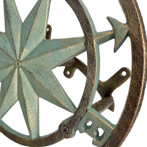Verdigris Green Finish Cast Iron Nautical Compass Rose Wall Mounted Decorative Hanging Garden Hose Hanger - Hose Holder Organizer for Outdoor Spaces - 12 Inches in Diameter | Nautical Round Face, Holds Approximately 75 Feet, 5.5 Inch Deep, Bolts and Ancho