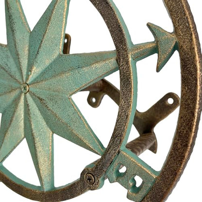 Verdigris Green Finish Cast Iron Nautical Compass Rose Wall Mounted Decorative Hanging Garden Hose Hanger - Hose Holder Organizer for Outdoor Spaces - 12 Inches in Diameter | Nautical Round Face, Holds Approximately 75 Feet, 5.5 Inch Deep, Bolts and Ancho