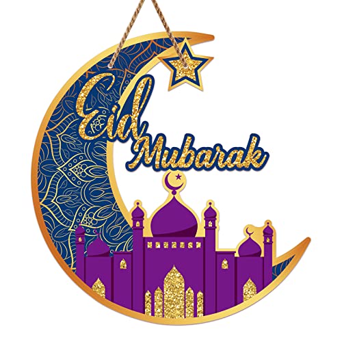 SIOCHOME Eid Ramadan Mubarak Door Decorations 11.5" Ramadan Mubarak Moon Handing Sign Eid Ramadan Decorations for Front Door Wall Window Decor Islamic Home Party Supplies - color: Ramadan-Eid Mubarak